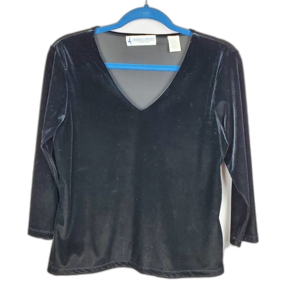 VINTAGE Black Velvet V Neck 3/4 Sleeve Blouse Medium